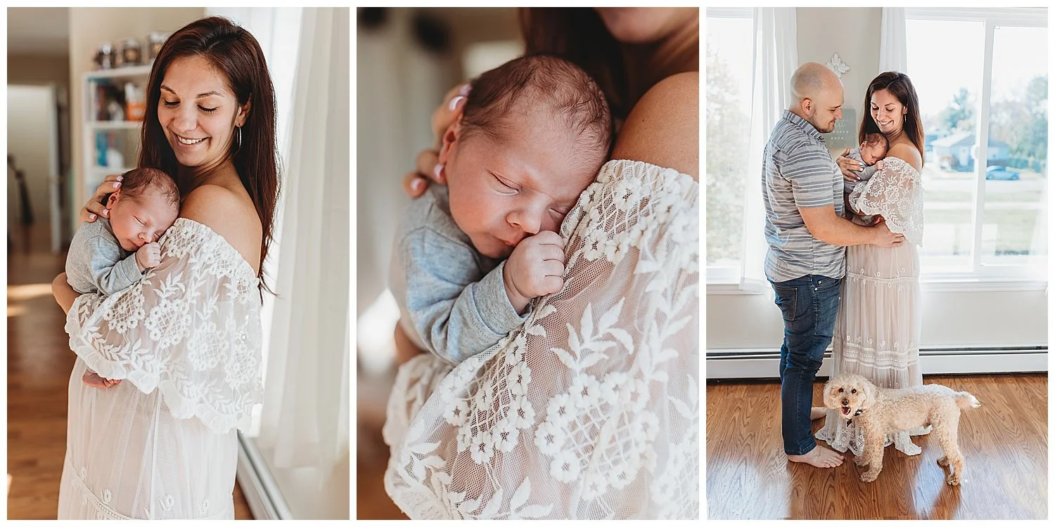 Mother holding newborn baby during relaxed postpartum in-home newborn session in Jacksonville Florida
