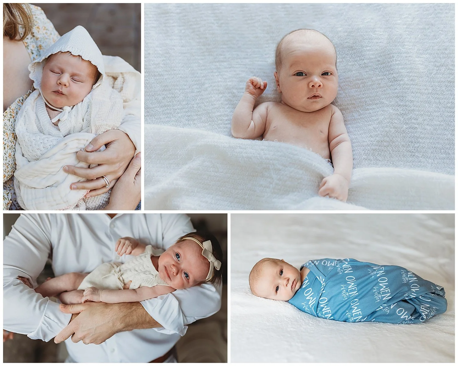 Newborn baby wrapped in a soft beige swaddle resting on a textured blanket during an in-home session in St. Augustine, Florida.