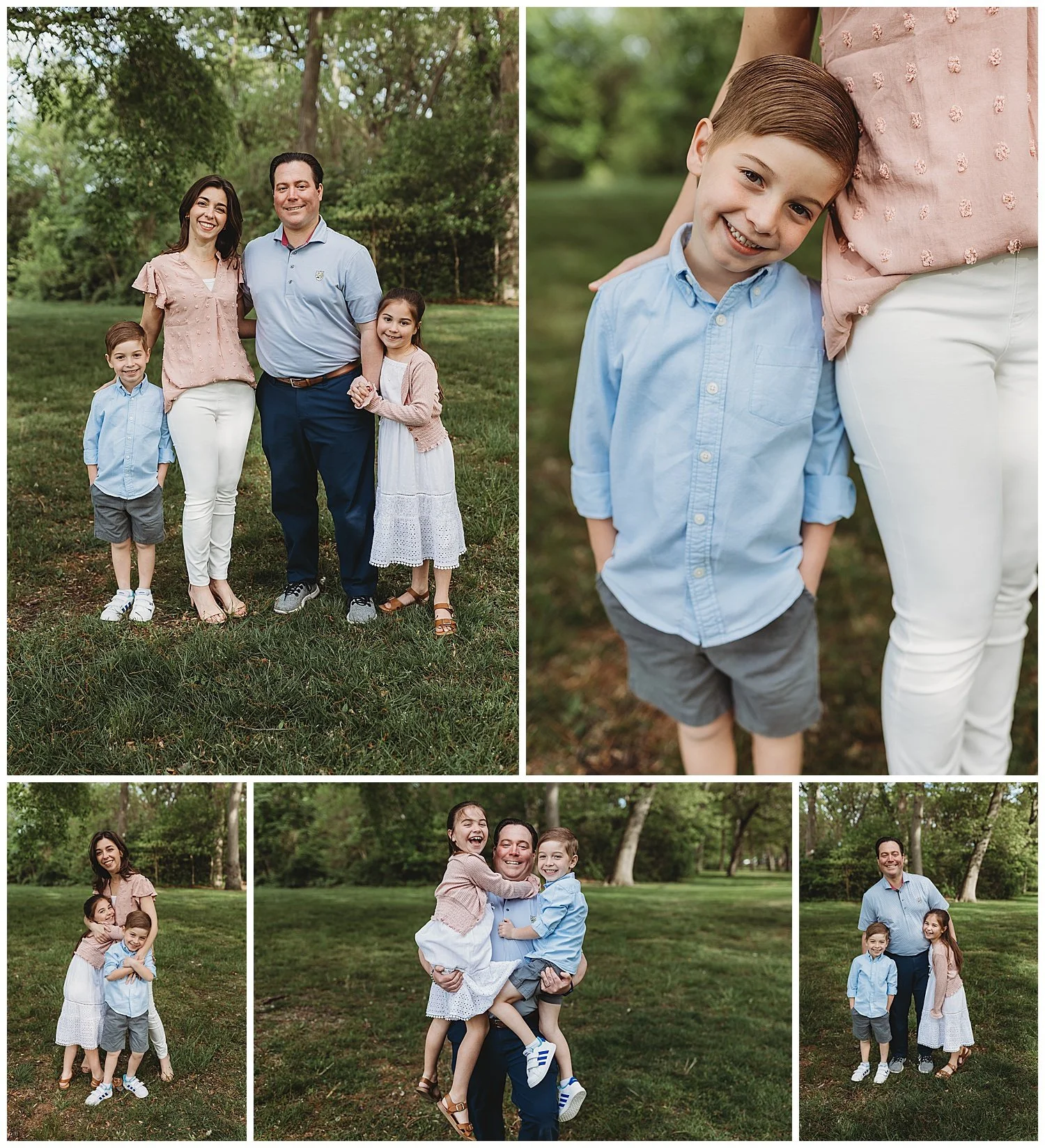 family in blue and pink in agreen park standing amongst trees close up of boy next to mom's leg