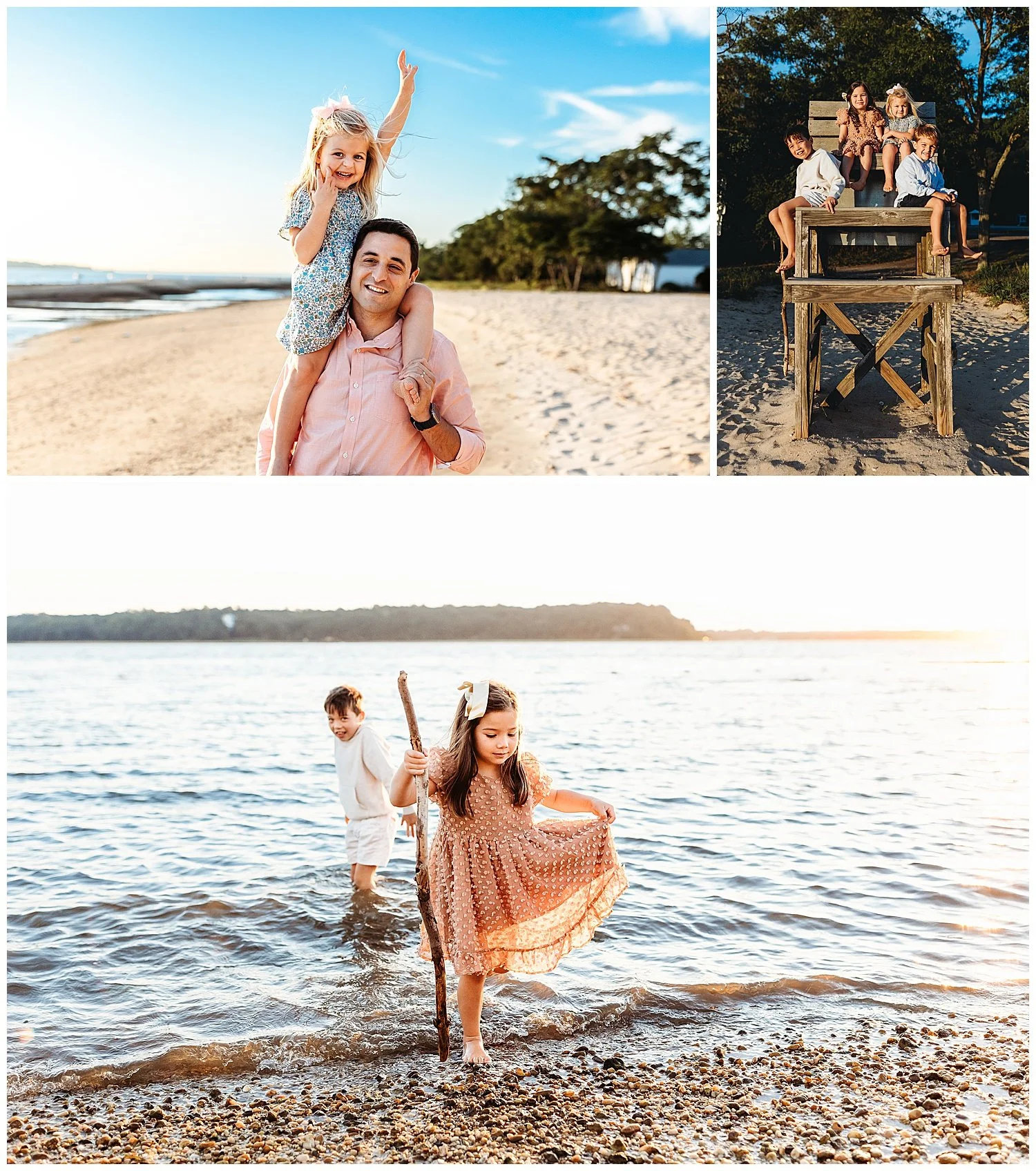 children in a lifeguard stand at sunset