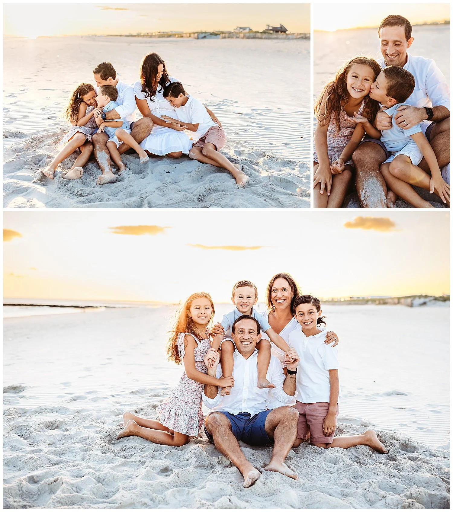 family seated on the beach at sunset embracing each toher and lookign at each other smiling golden sunset behind them