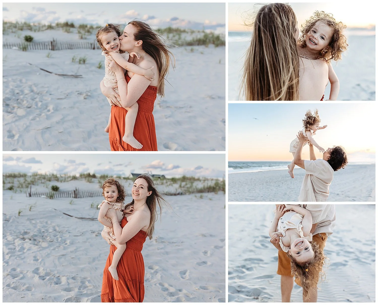 mom kissing toddler on the beach and toddler girl with curly hair peaking over mom's shoulder dad throwing toddler in the air at the beach