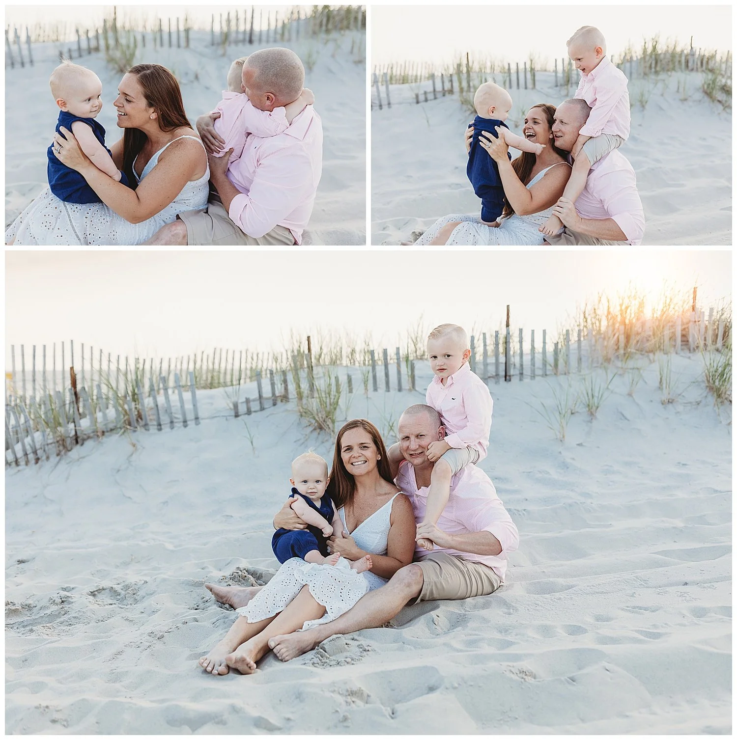 family in pink and blue on the beach at sunset for first birthday photos and a cake smash