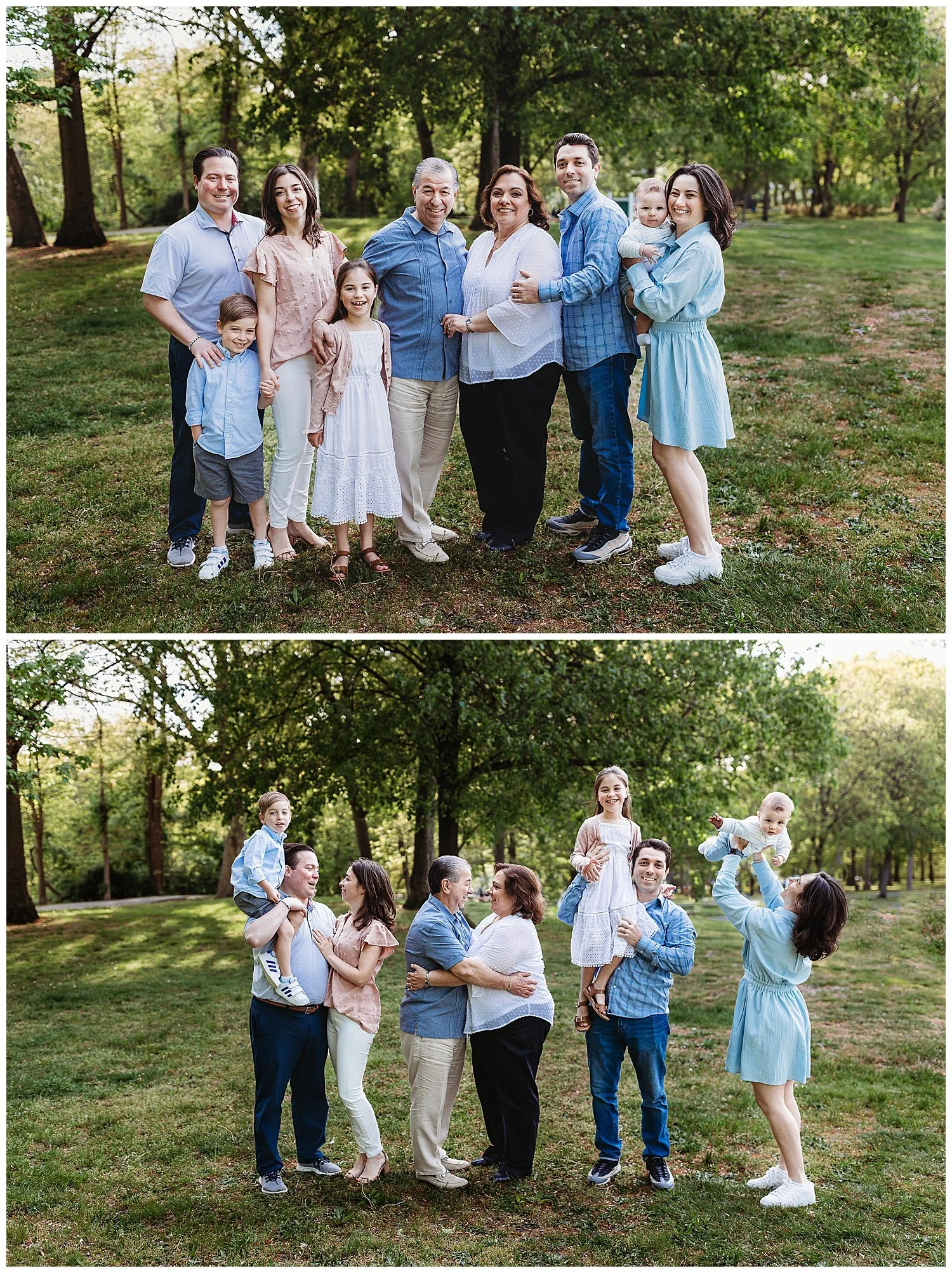 exteded family portrait in a park family in blue white and pink