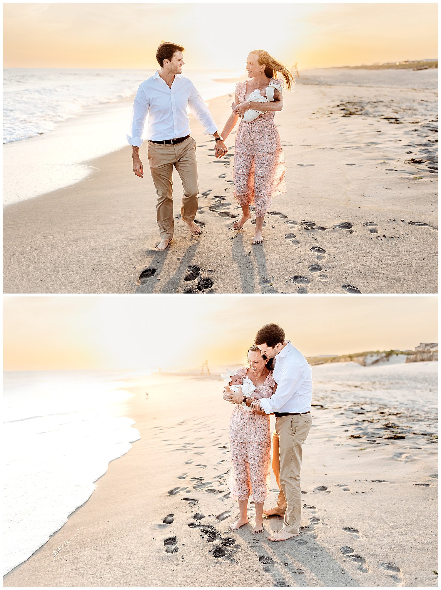 couple walking on th ebeac at sunset while holding a newborn