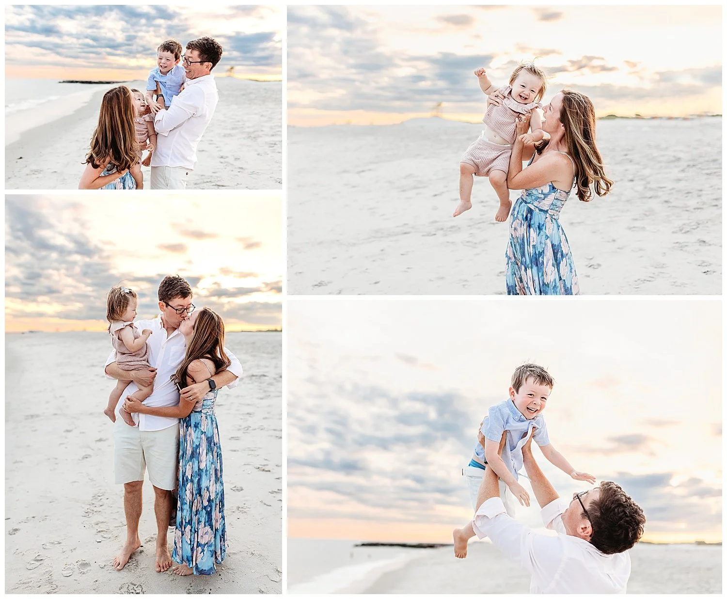 family playing with toddler children tossing in air laughter golden pink and purple sunset ocean waves
