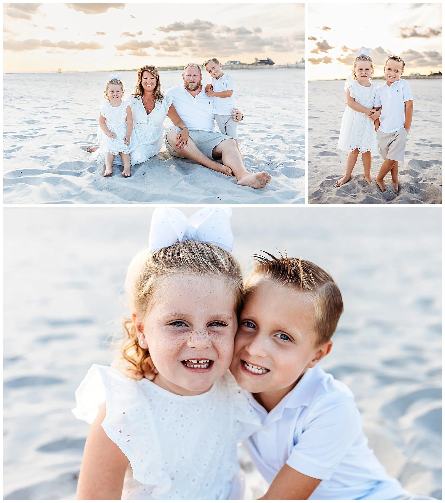 family photo on the beach at sunset family all in white and khaki se