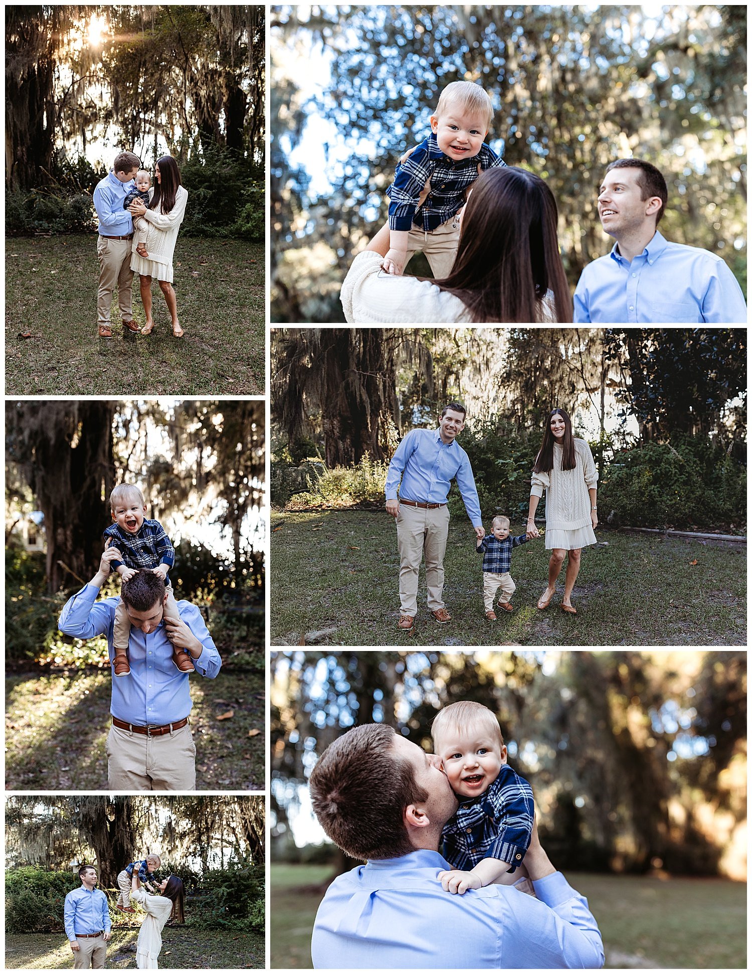 Family walking through oak-lined path at Alpine Groves Park St Johns County Florida