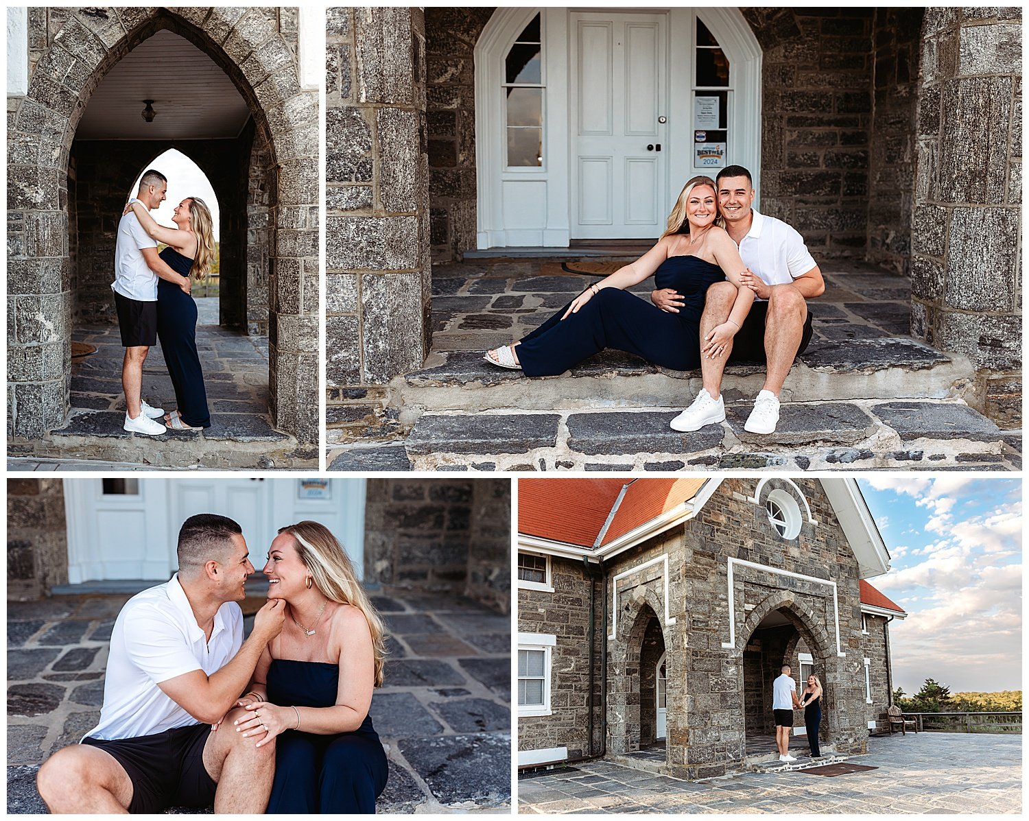 couple in a grey slate lighthouse building embraced