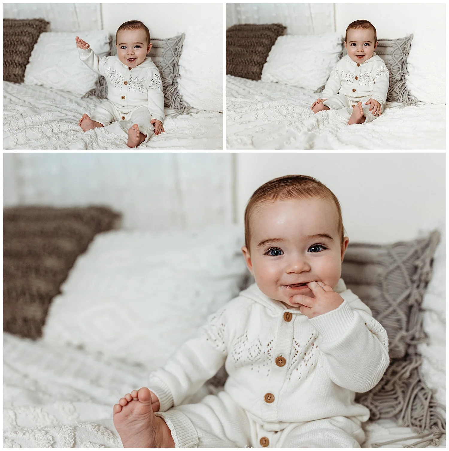 baby in ivory knit jumpsuit seated on boho white bed