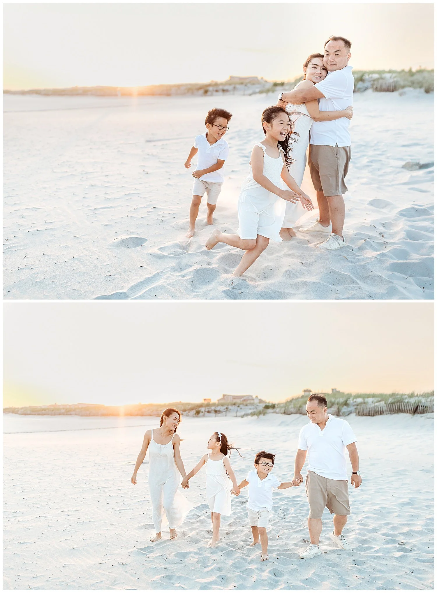 family walking on the beach at sunset holding hands kids running around parents who are hugging