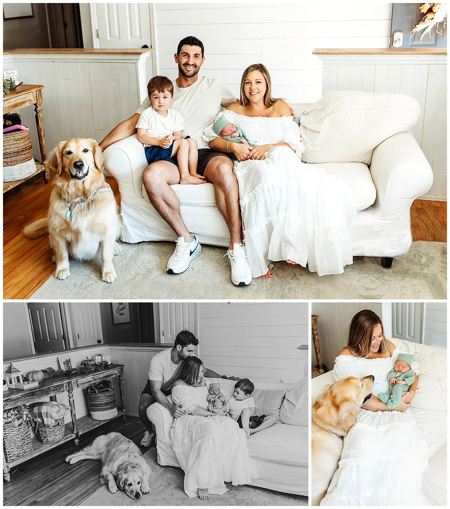 family in farm house with ship lap mom wearing bright white maxi dress holding newbonr in sage green boho wrap golden retriever laying on floor