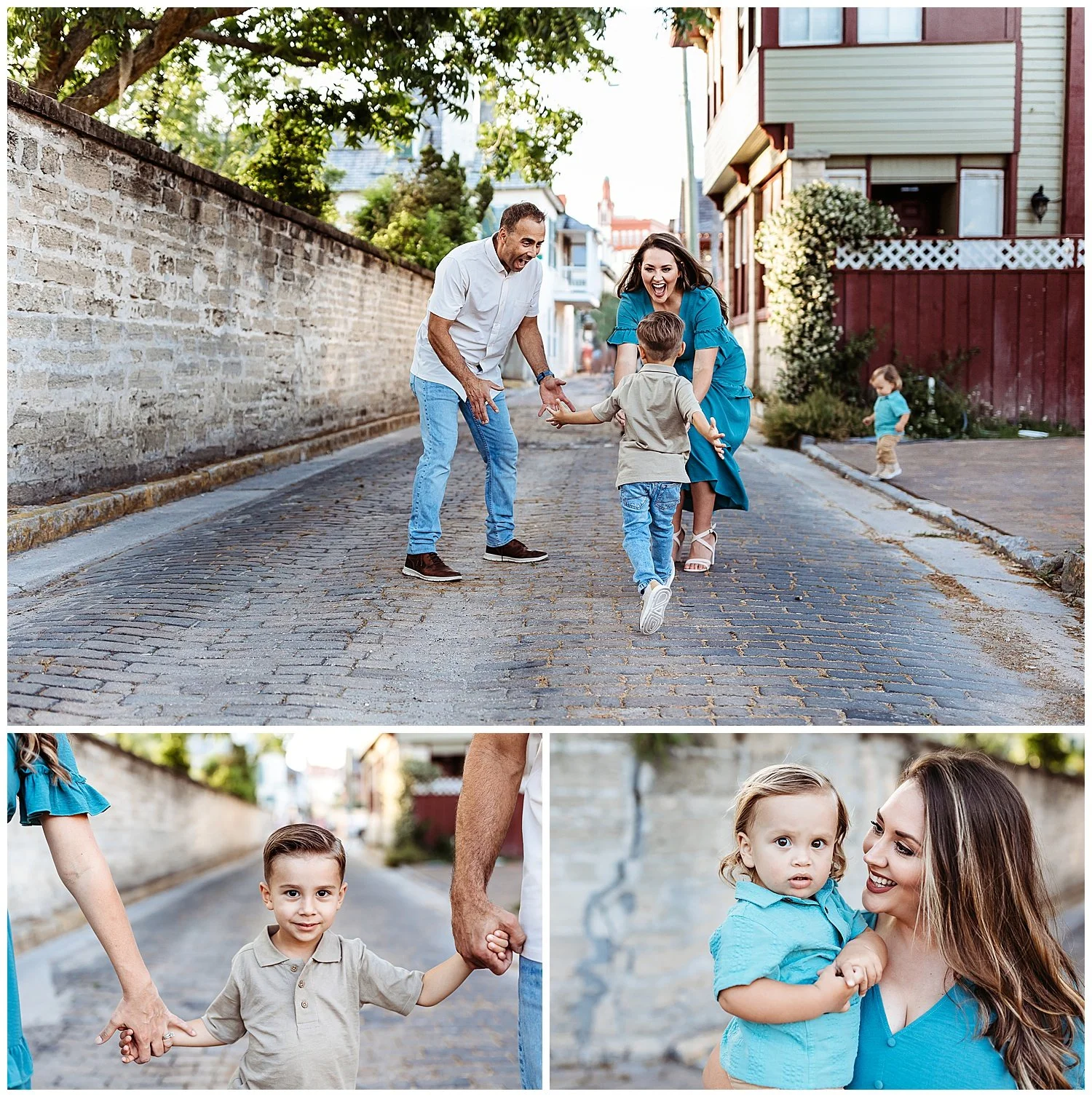 Family exploring cobblestone streets during morning session in historic St Augustine Florida