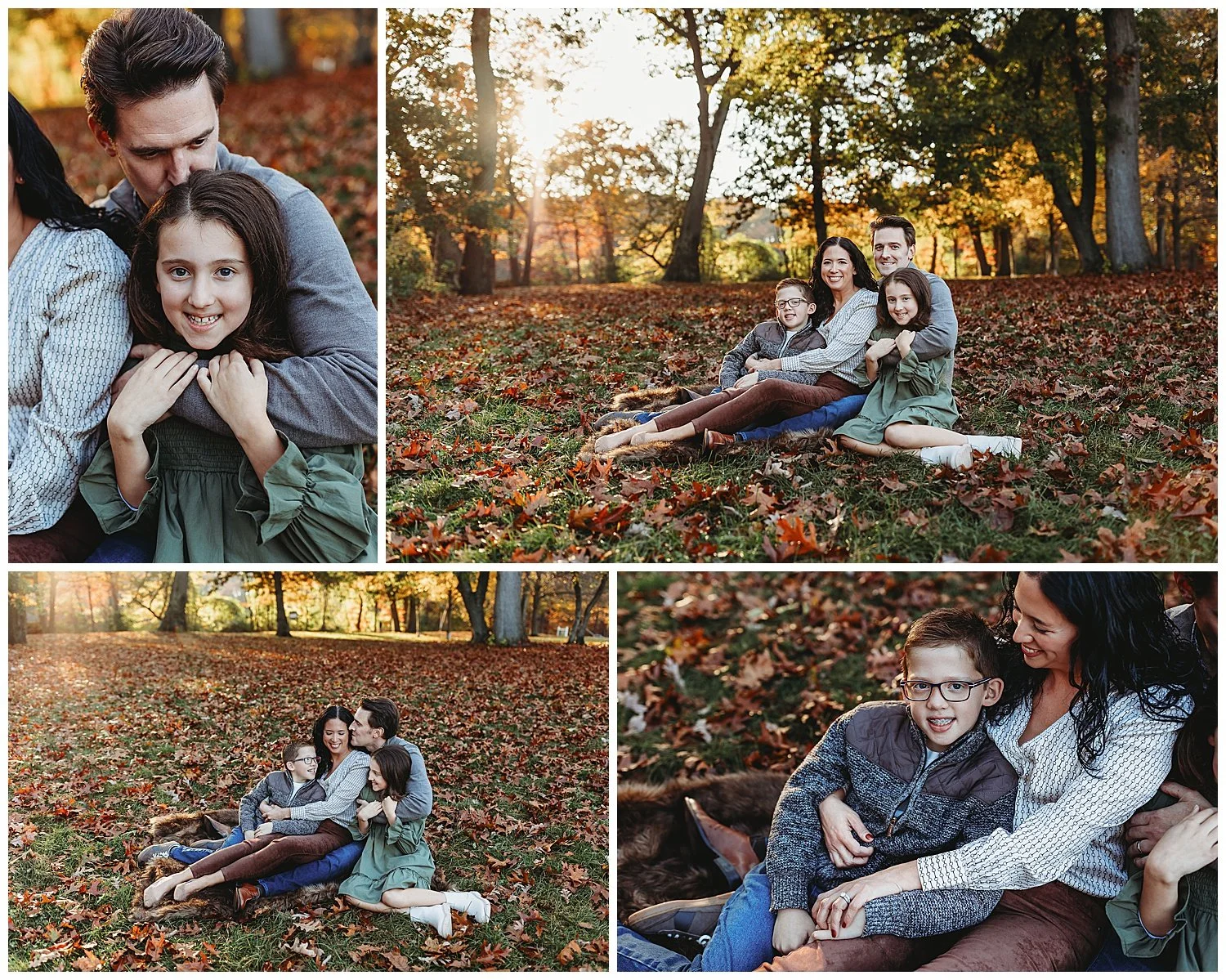 family seated on fur blanket on pile of leaves with sunset through trees and fall colors of foliage around them embraced dad hugging daughter