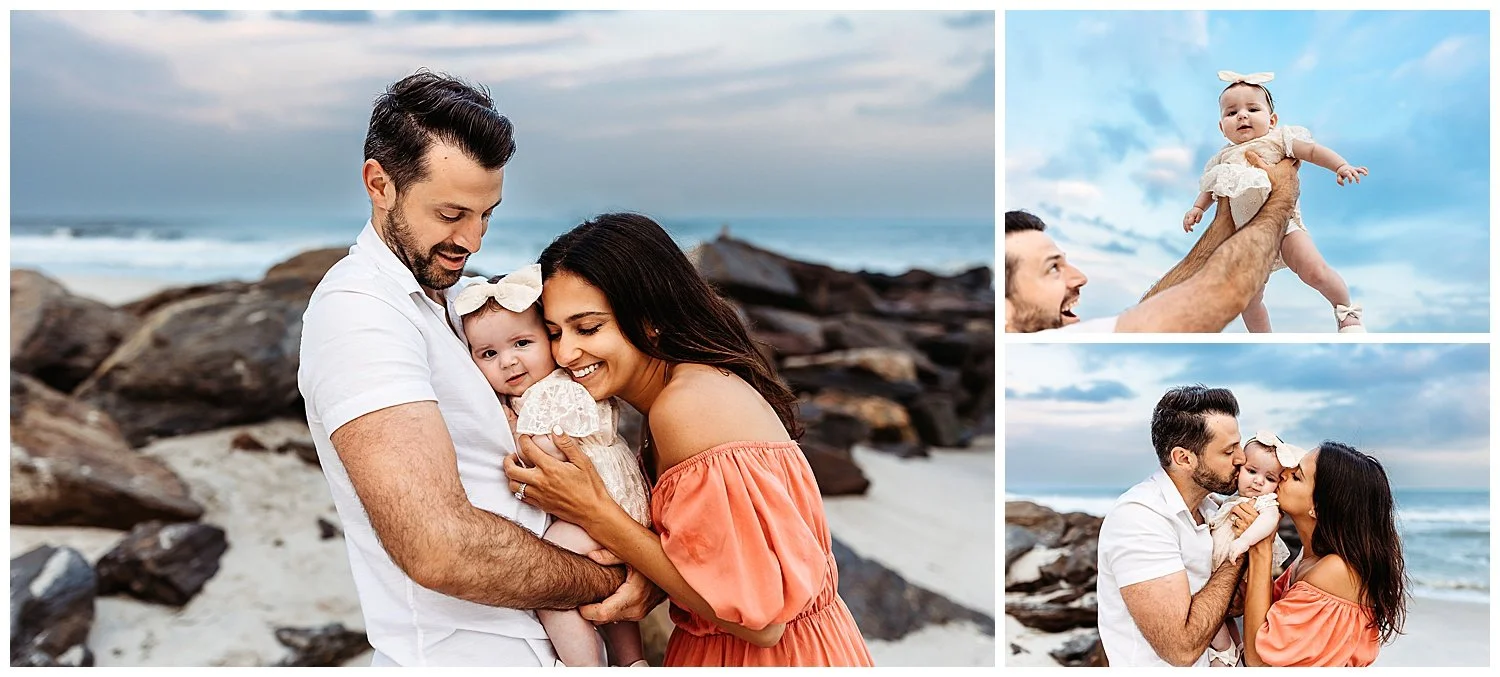 mom hugging and kissing baby girl in lace romper while dad holds her