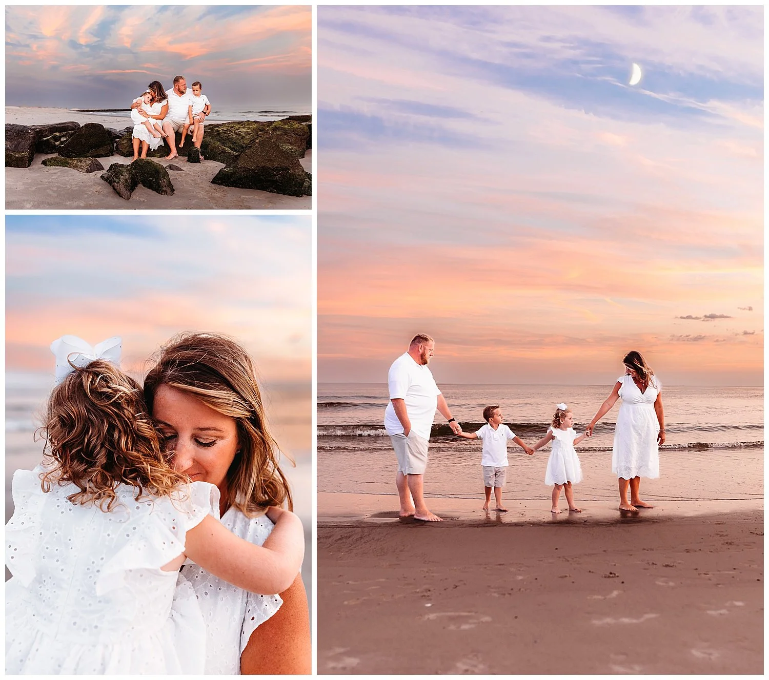 family walking hand and hand  on the beach pink and blue sky moon in sky wearing white