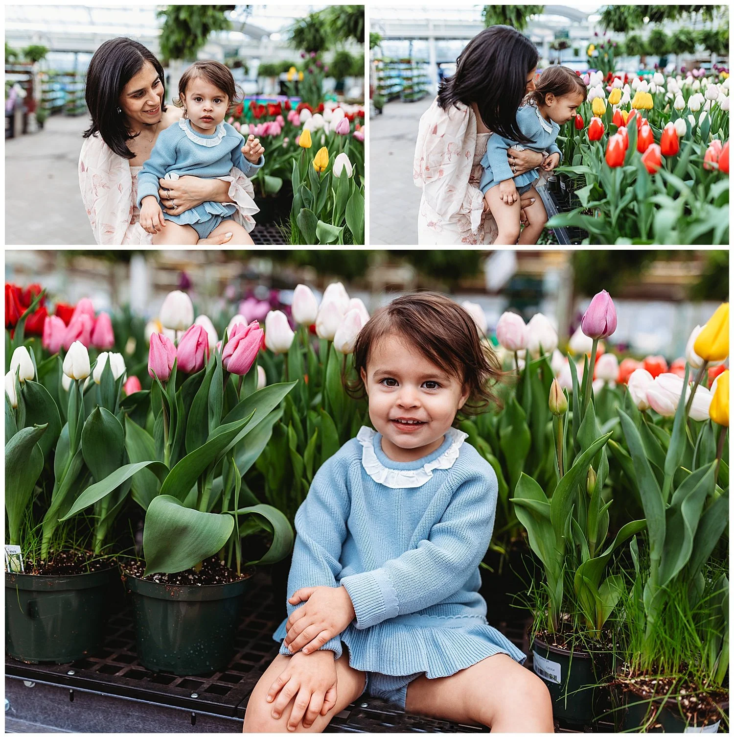 mom holding toddler girl in front of tulips and girl smelling flowers mom wearing pink blush two piece skirt set from Joyfolie
