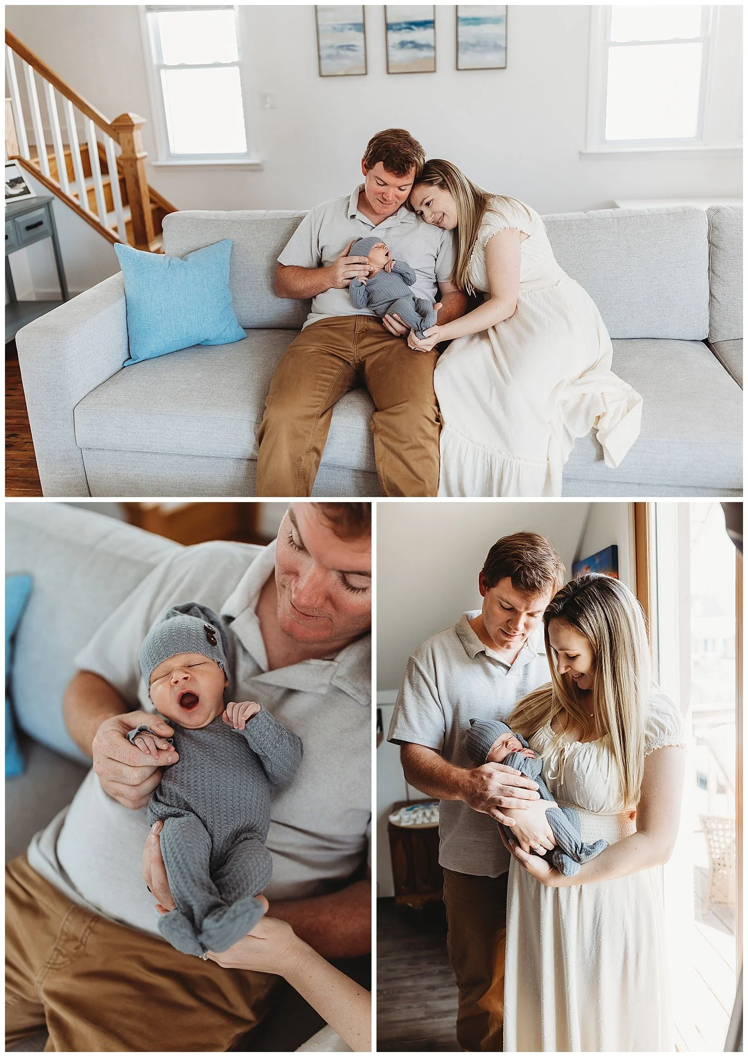 new parents holding baby boy in grey waffle knit jumper baby yawning window light