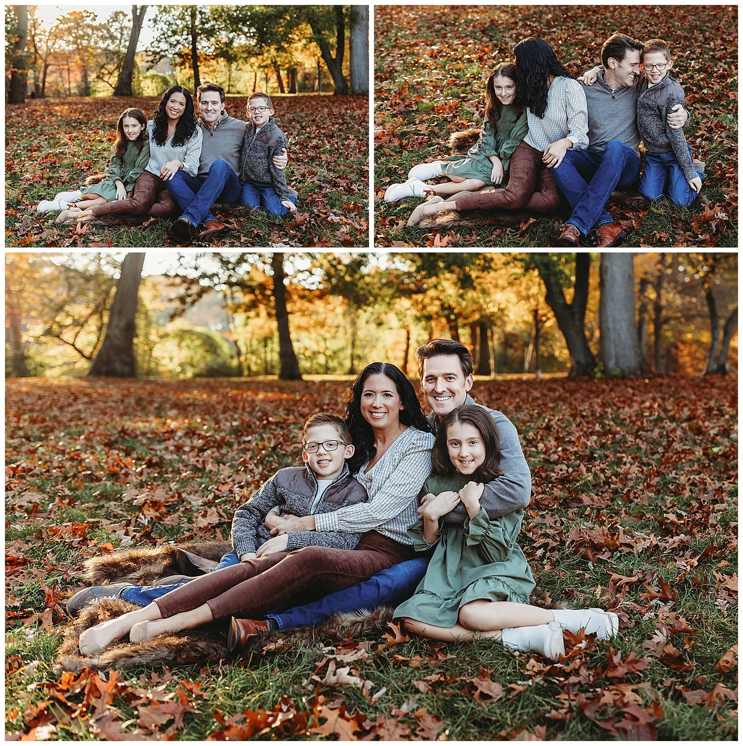 family dressed in olive grey brown in fall leaves on brown fur blanket embraced with fall foliage in background