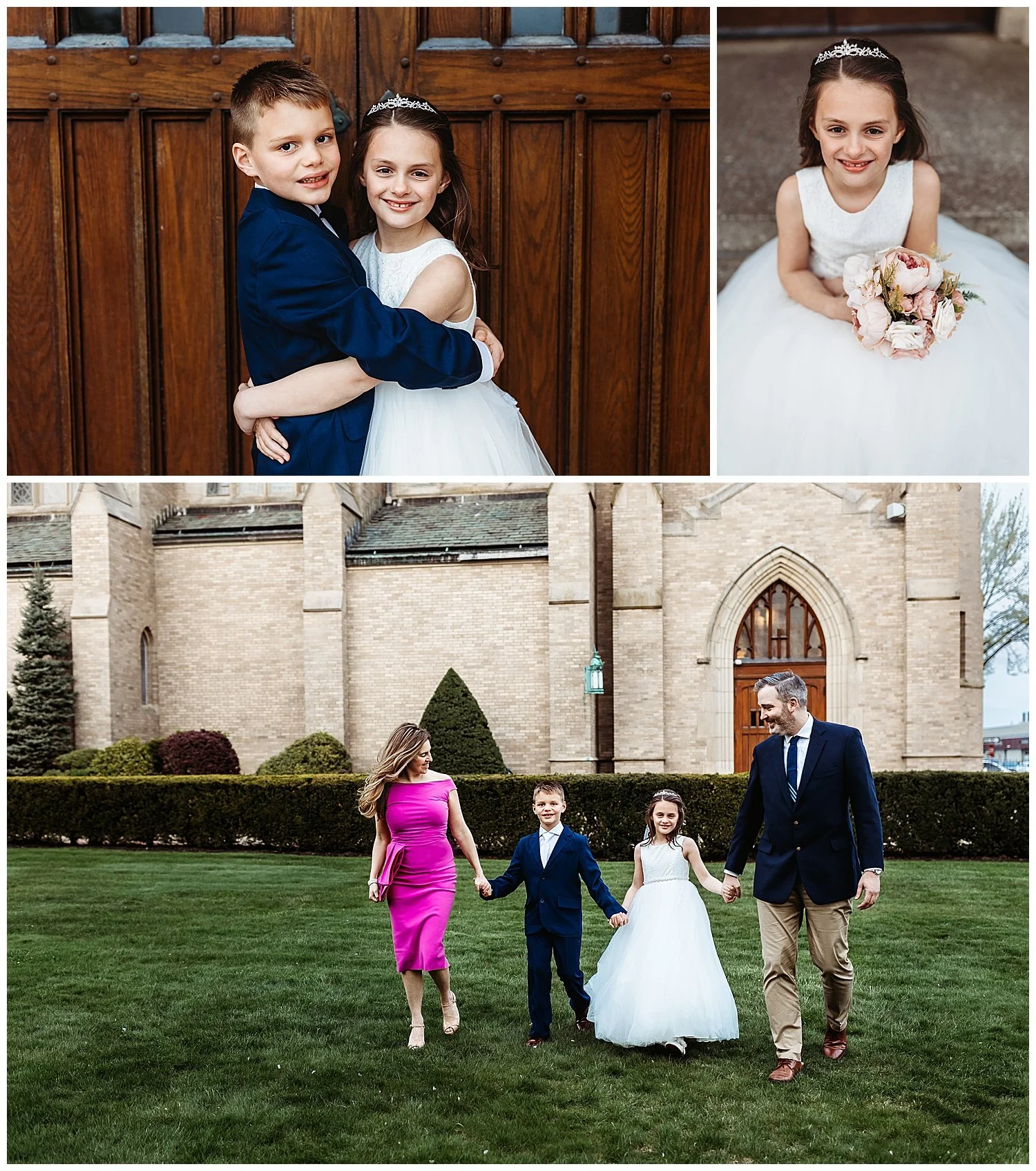 twin siblings on their communion day hugging and running in front of the church with their parents