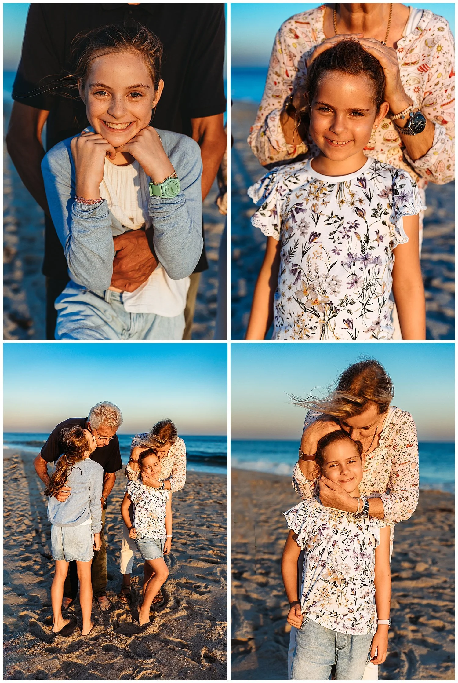 close up of girls in grandparents hands and they are smiling with golden glow of sun on them