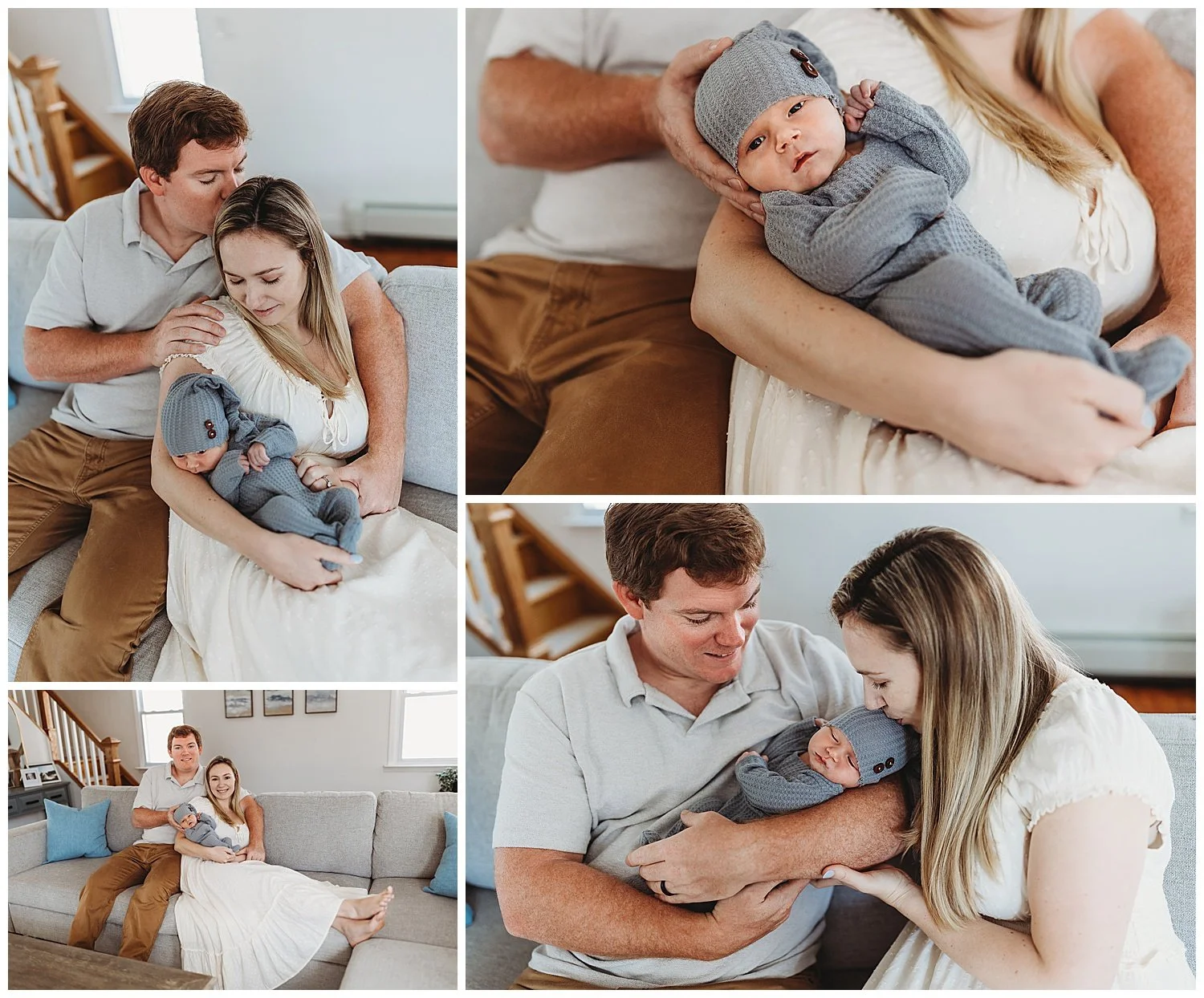 close up of baby in dad's arms in grey knit jumper and hat dad kissing mom on head living room