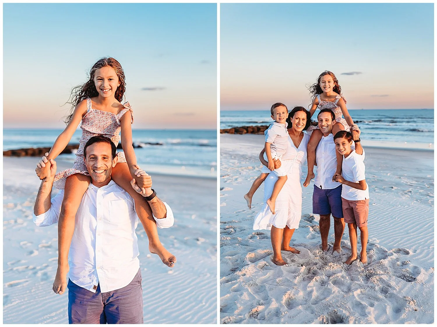 dad standing with daughter on. his shoulders at the beach sunset sky is cotton candy colored with blue pinks and oranges family portrait with daughter on dad's shoulders