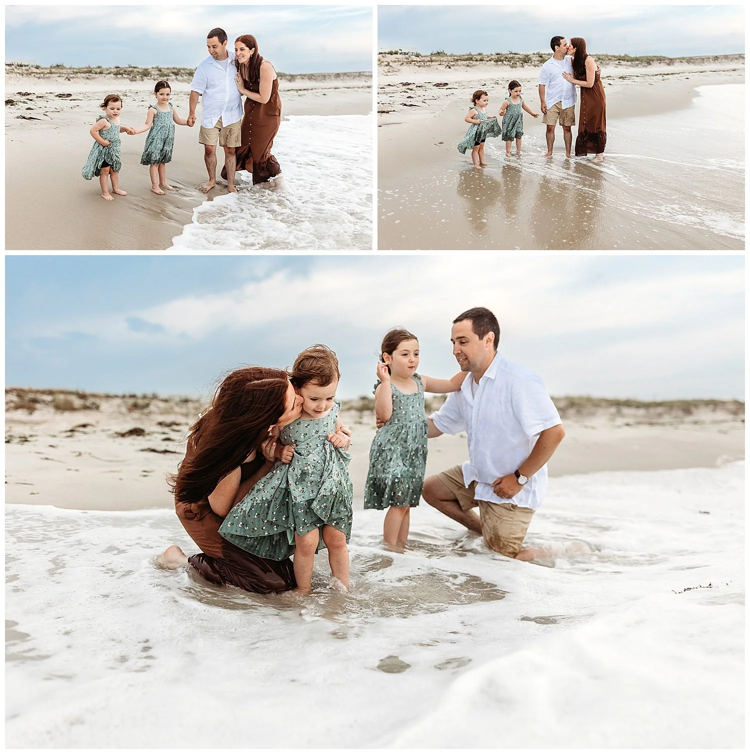family playing in ocean waves and mom and dad kissing with reflection in ocean sand