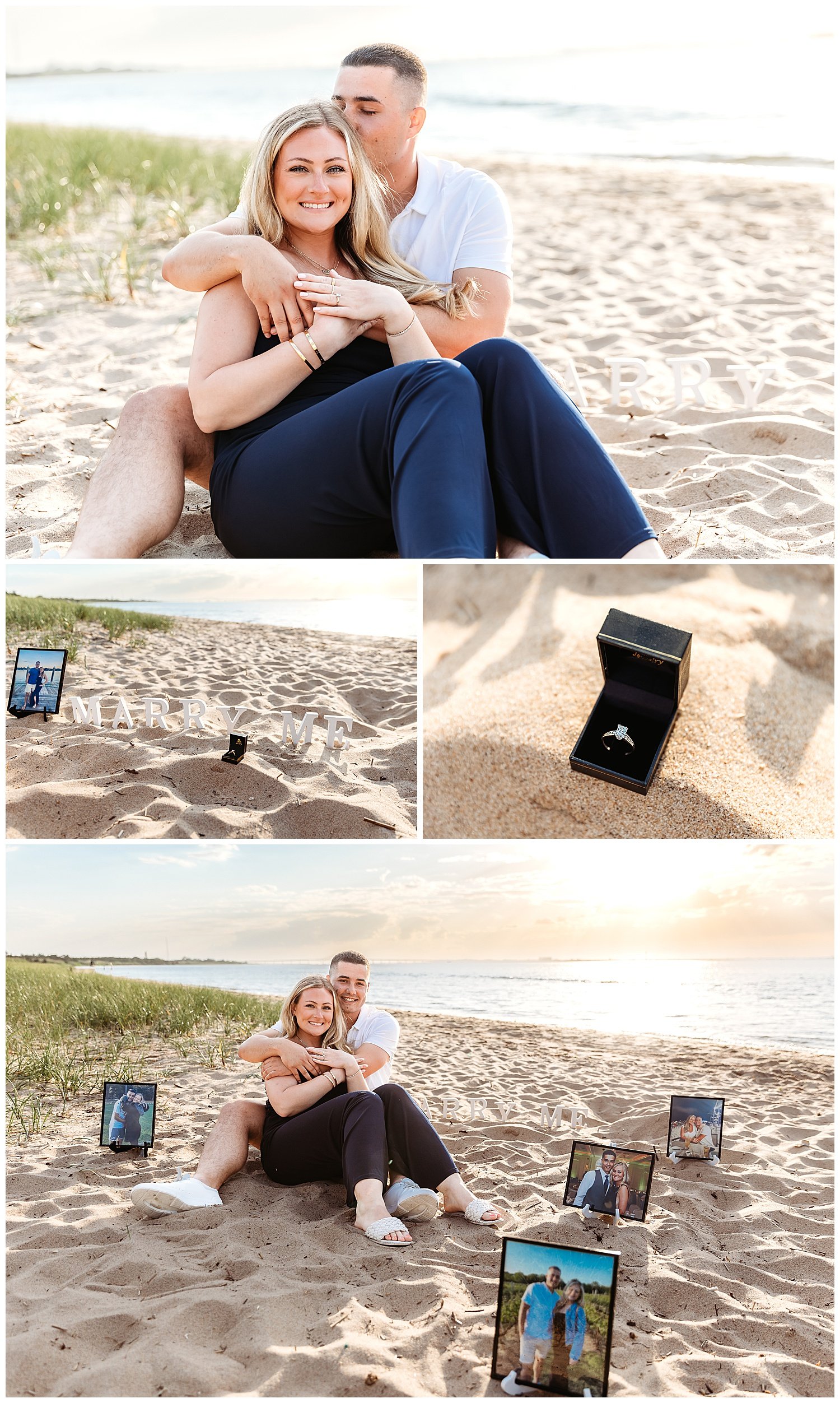 couple seated on the beach after getting engaged man kissing girl