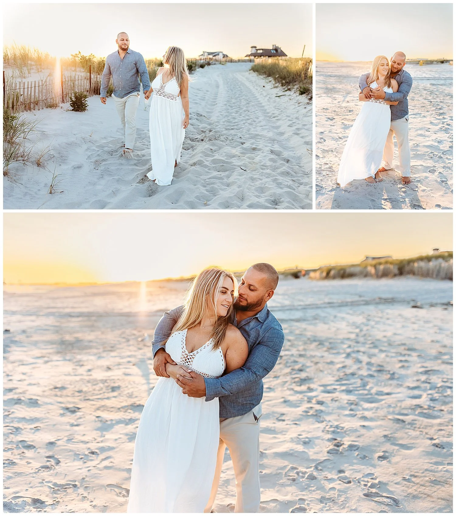 couple standing on the beach in white and blue embraced laughing
