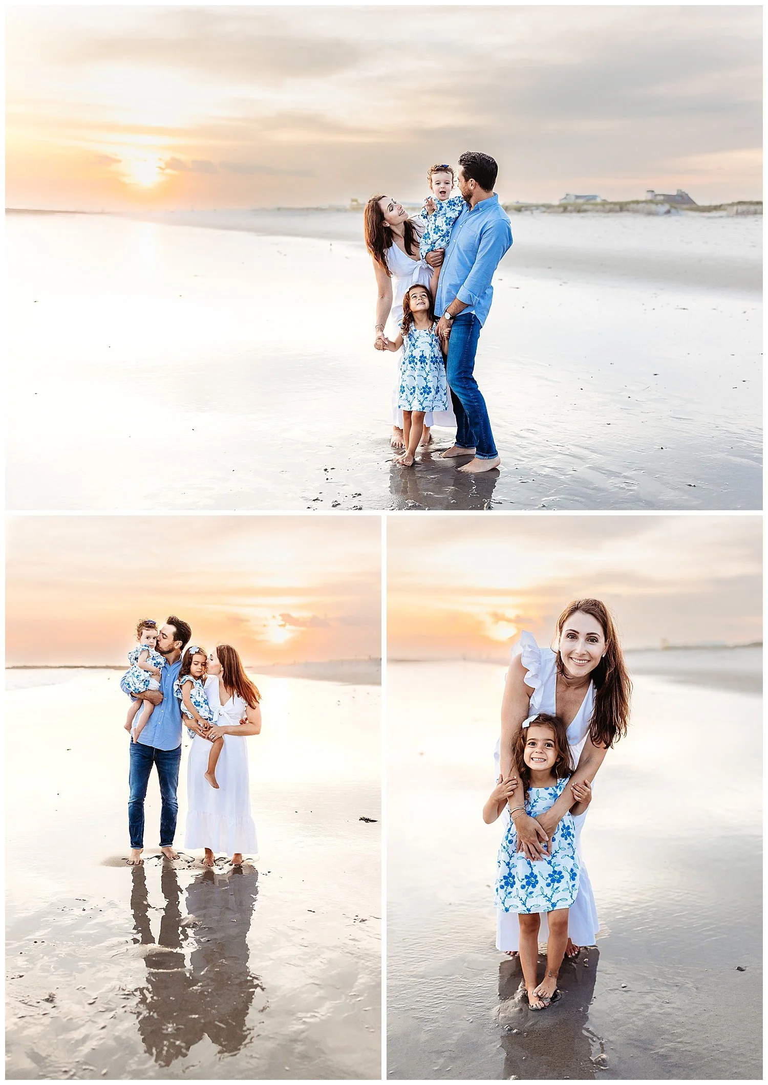 family embraced and looking at laughing baby mom embracing toddler girl sunset behind them ocean shore line