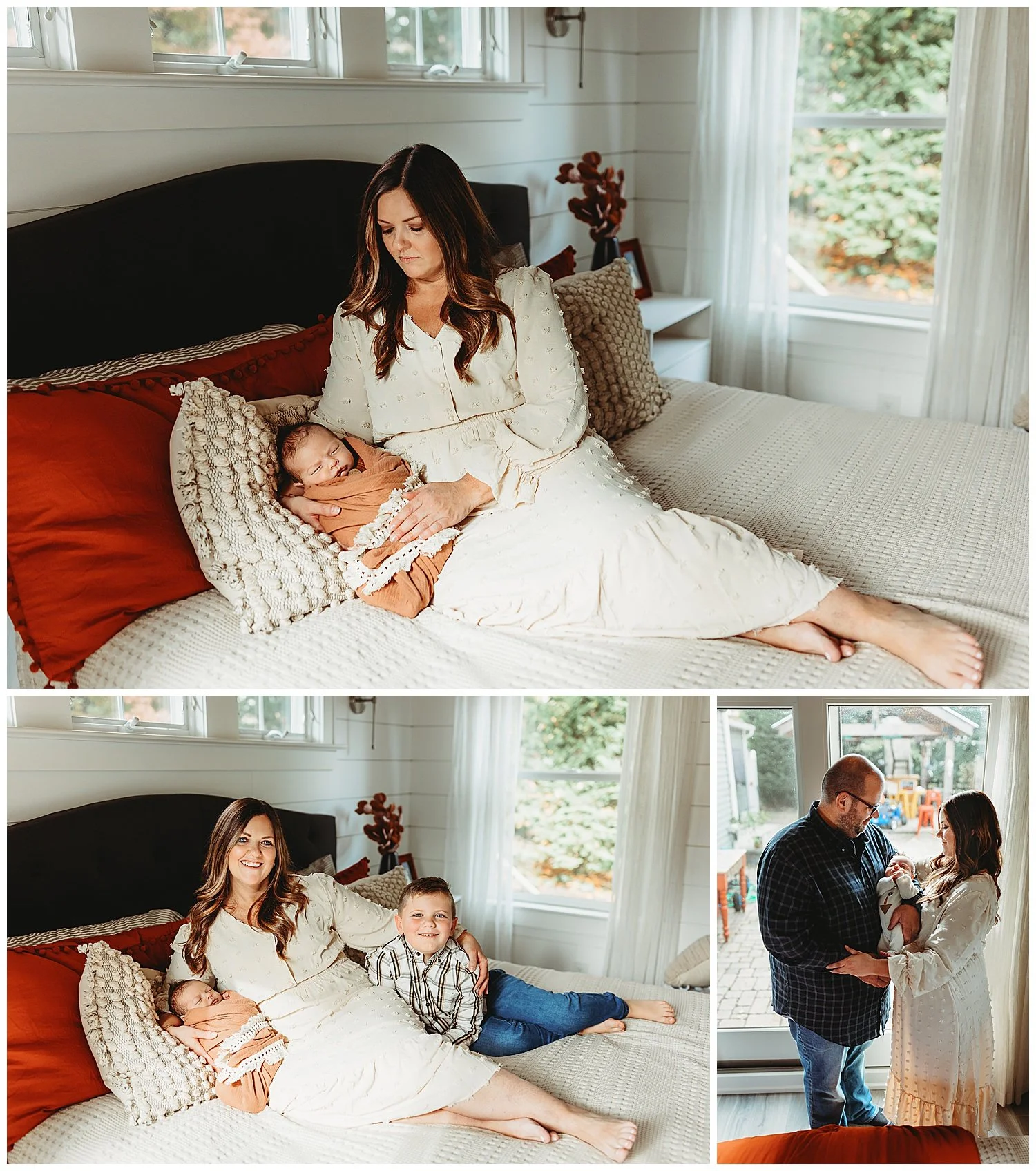 mom on bed with baby in her arms swaddled looking at baby wearing ivory textured boho dress