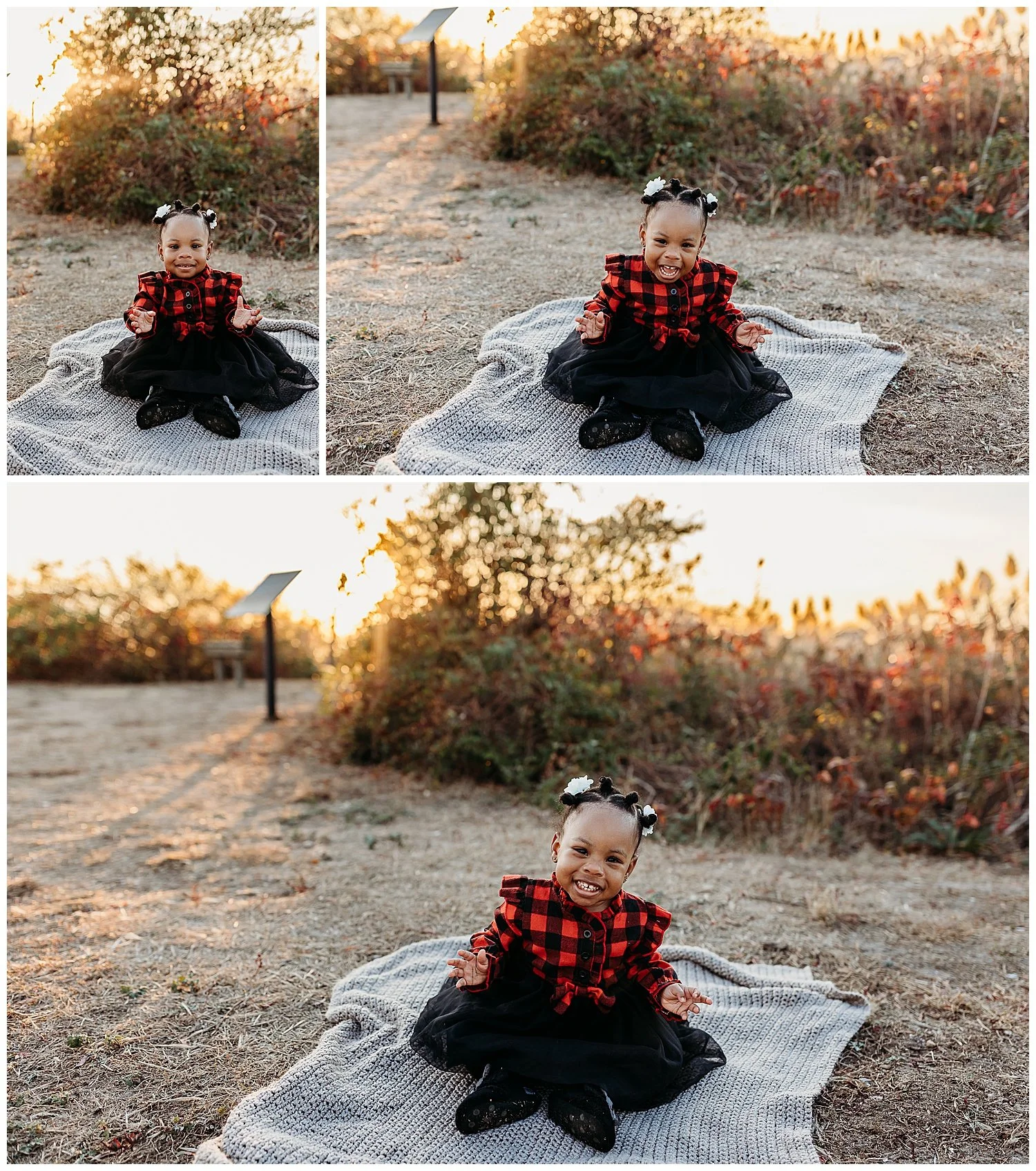 toddler girl in black tutu sitting on a path at sunset