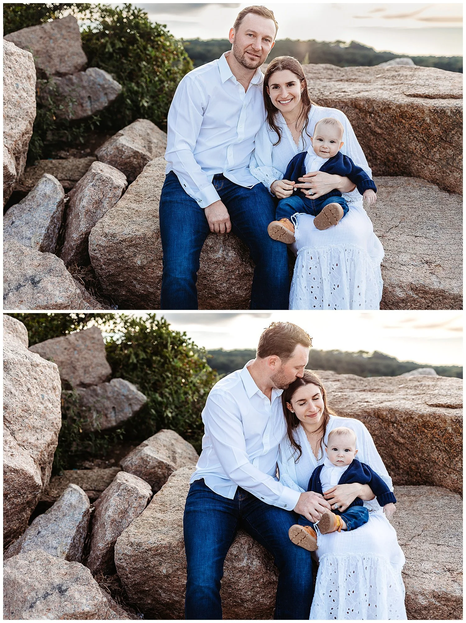 family portrait on a jetty at Ponte vedrabeach at sunset with baby boy