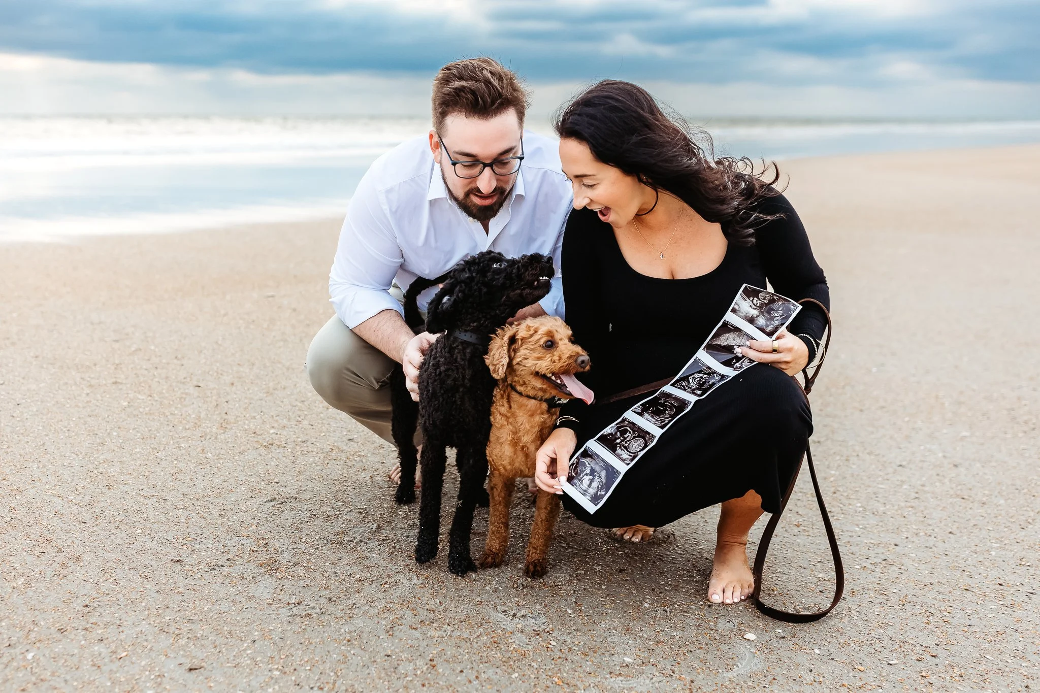 Expecting mother holding sonogram photographs during her maternity session at Guana North and dogs are looking at it