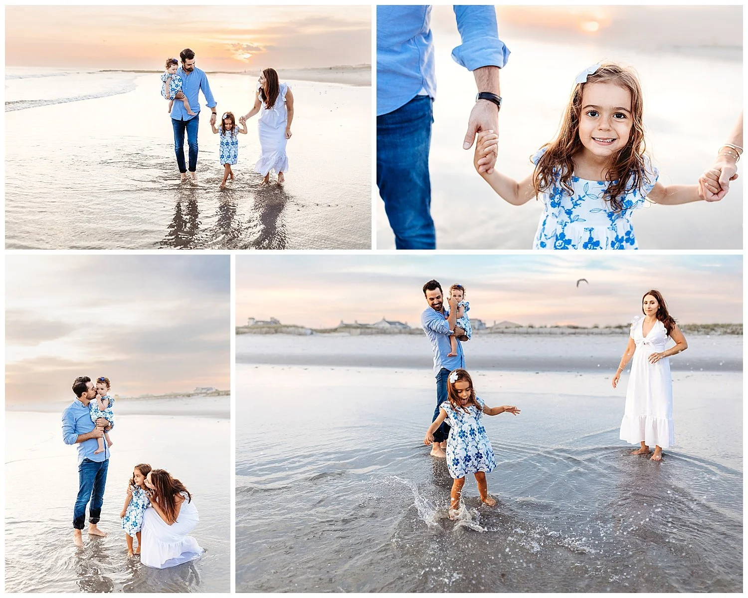toddler girl jumping waves and splashing family walking through ocean at sunset