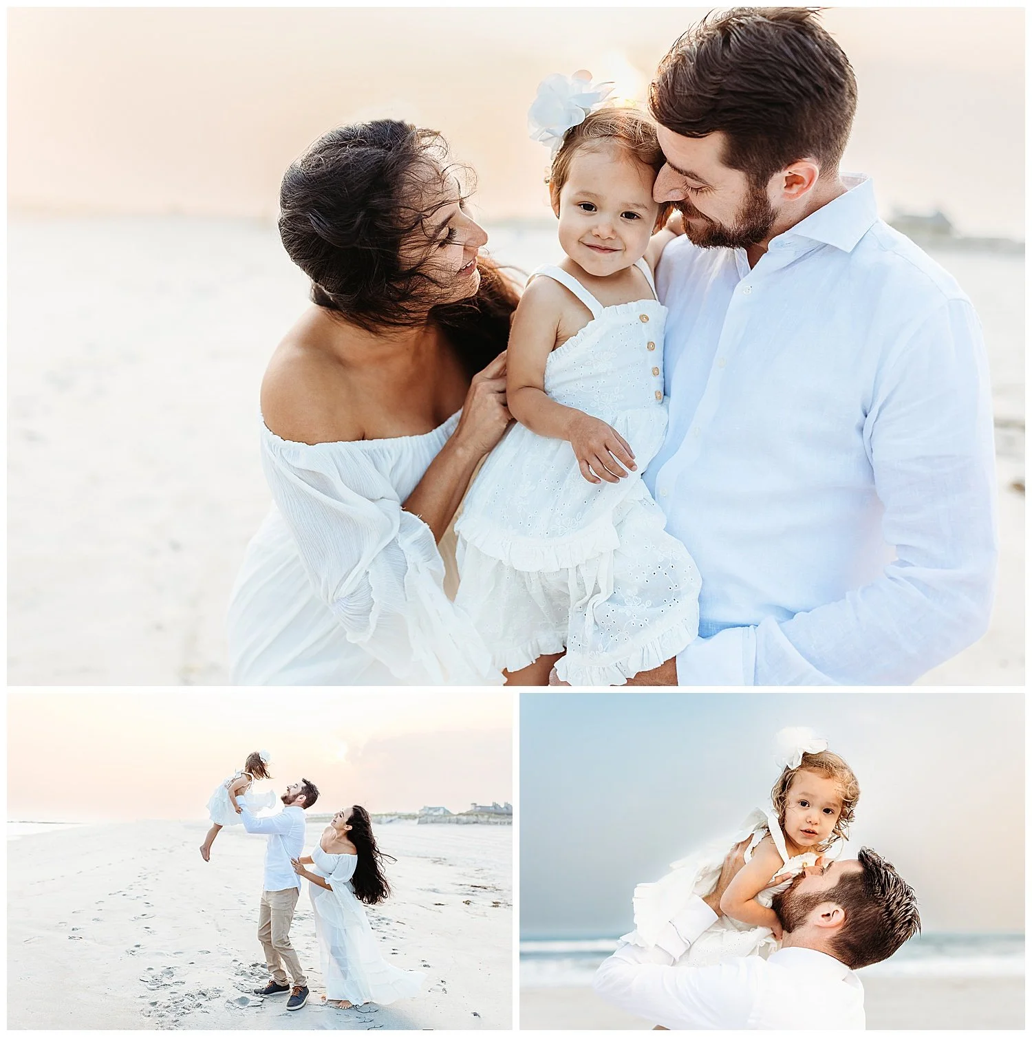 family dressed in white playing with a toddle rr and hugging her on the beach at sunset