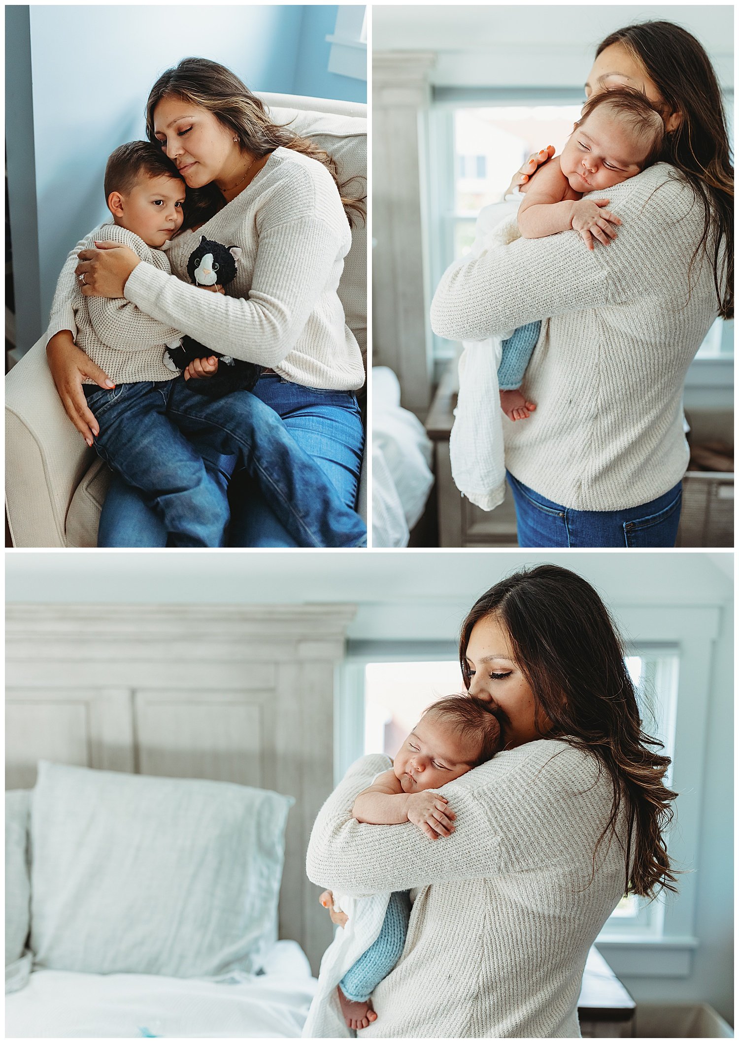 mother cuddling with toddler boy in a nursery glider and holding a newborn on her shoulder