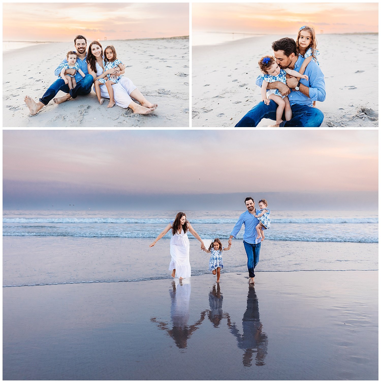 family holding hands and running out of ocean reflections in water laughing pink and bleu sunset sky