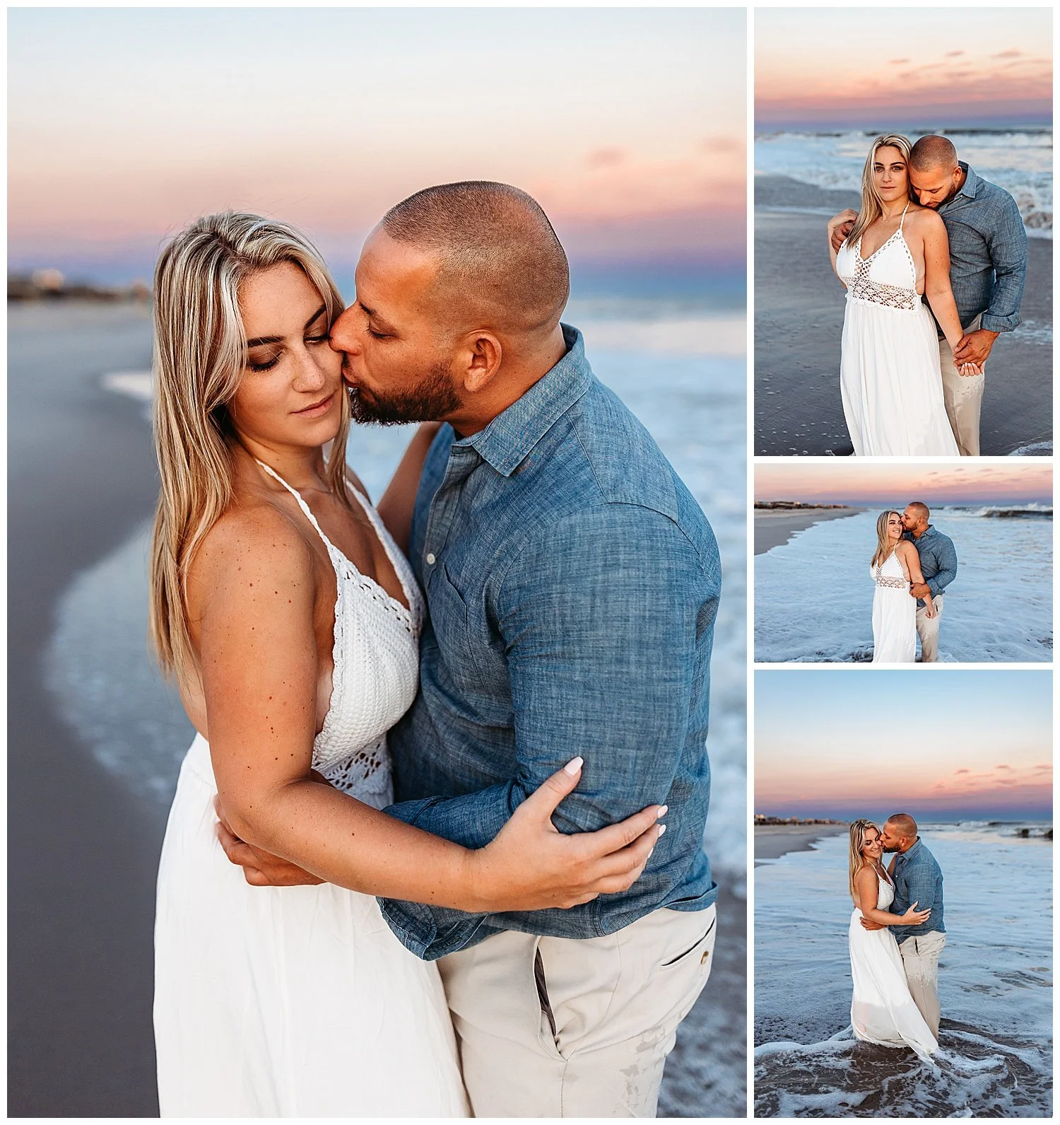 couple embraced in the ocean at blue hour man kissing woman's shoulder pink and blue sunset sky
