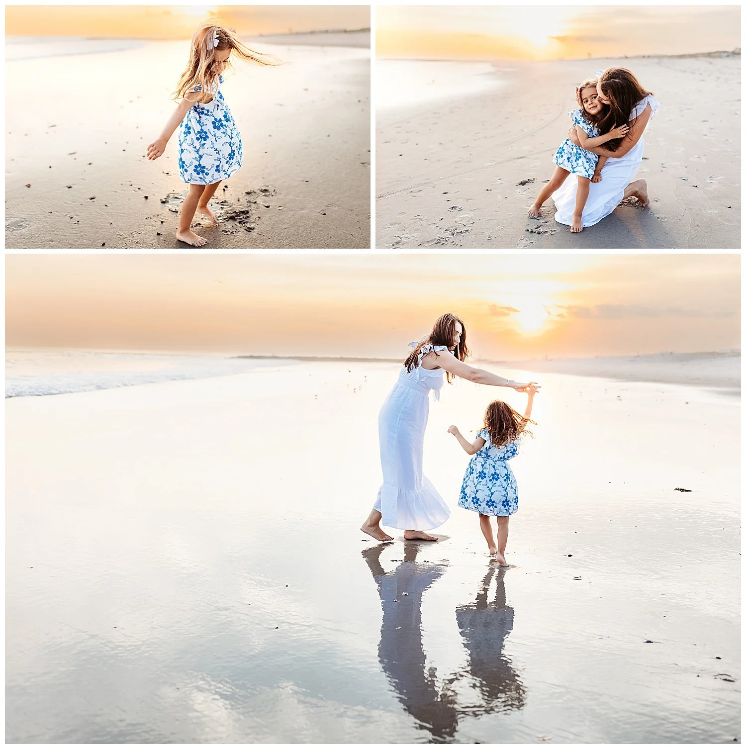 mother kneeling in sand at ocean shore kissing toddler girl toddler girl twirling in the sunset mom twirling toddler girl on ocean shore at sunset