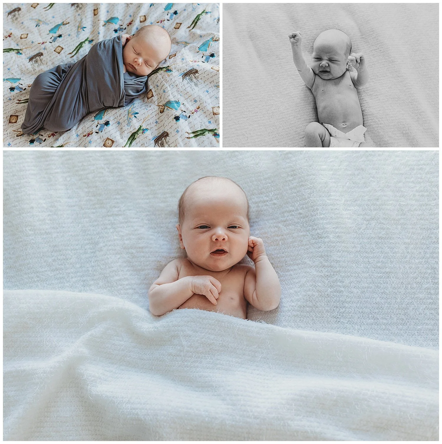Baby on white blanket stretching and looking at camera he is in a diaper