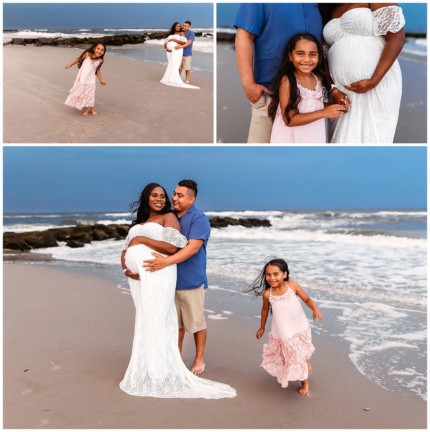 little girl in pink maxi dress running while parents are embraced in the background ocean waves crashing dark blue moody sky