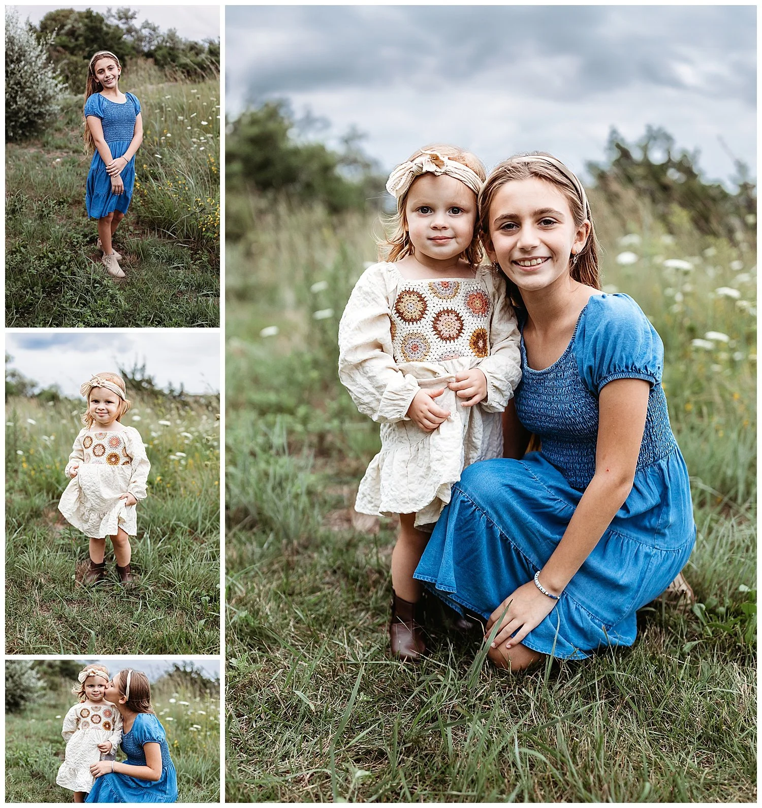 todddler baby in crochet dress and tween gril in denim dress in a field of wildflowers
