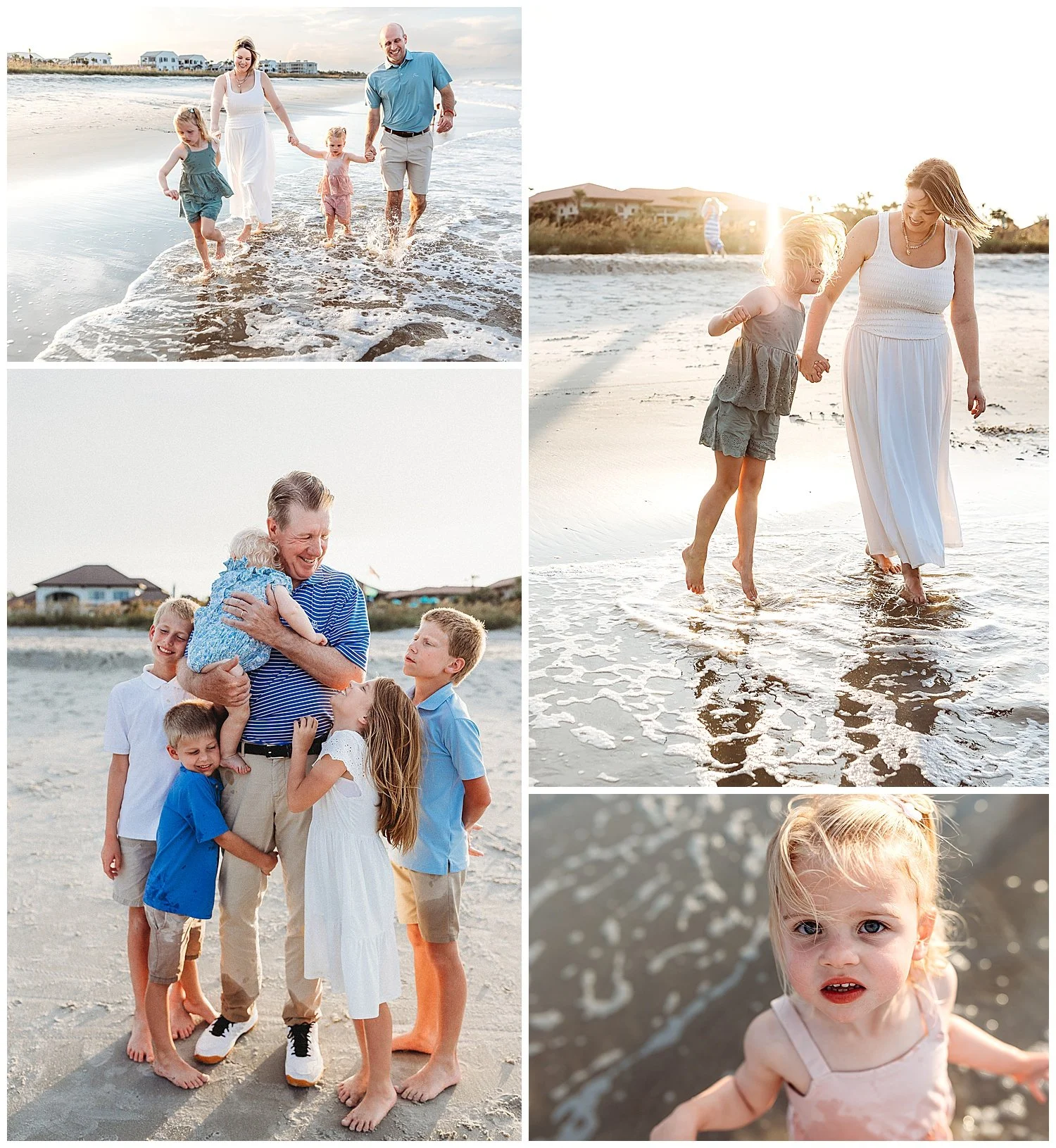 Children running along the beach during a relaxed extended family session at Sawgrass