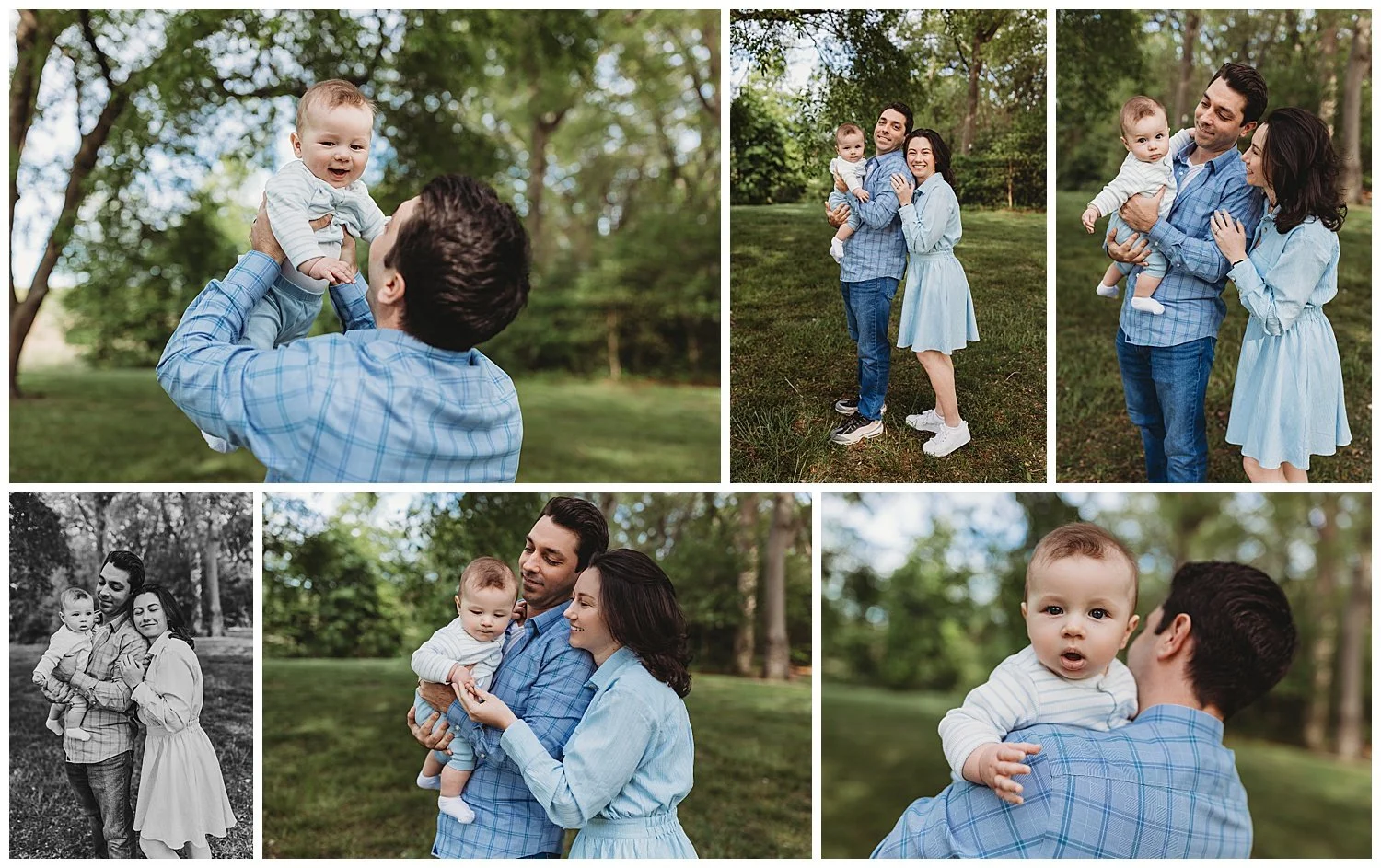 baby boy in dad's arm and parents are ooking at him smiling