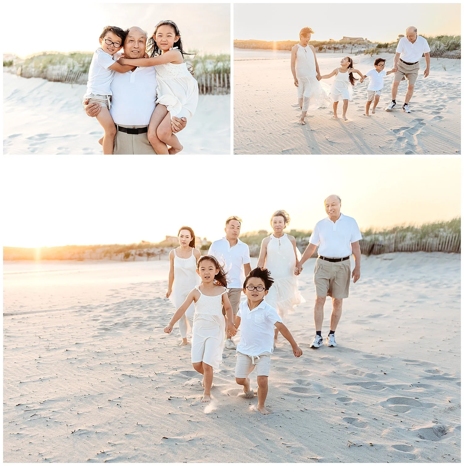 grandparents walking on the beach at sunset holding hands and laughing