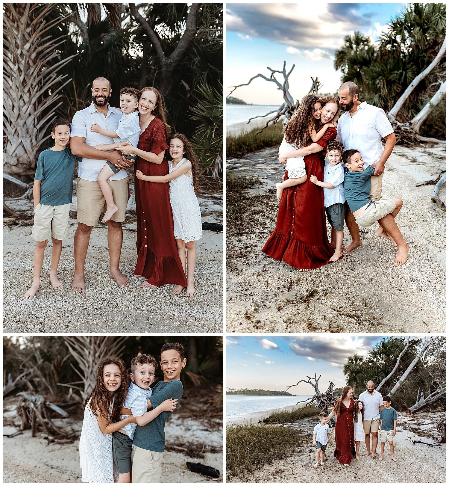 family in fall colors on the intracoastal laughing and driftwood is behind them
