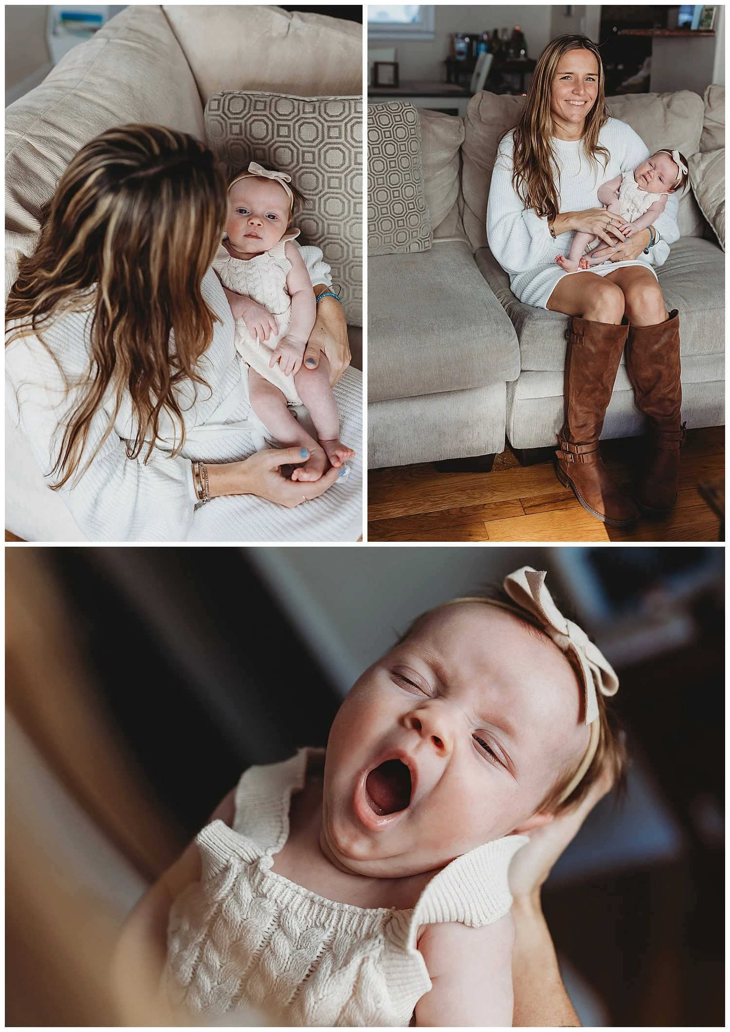 mom holding baby and looking at camera on the couch baby yawning