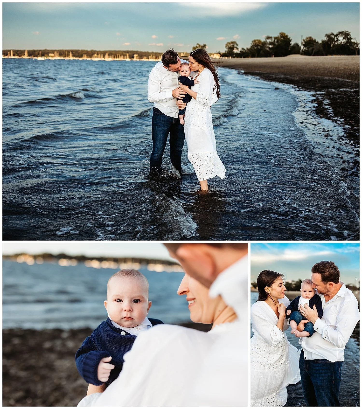 family dressed in white standing in the intracoastal in florida  kissing baby boats n background bright blue sky